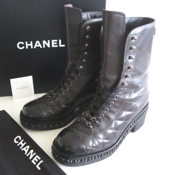 CHANEL Shoes - CHANEL CC quilted chain cap toe combat boots 37 7